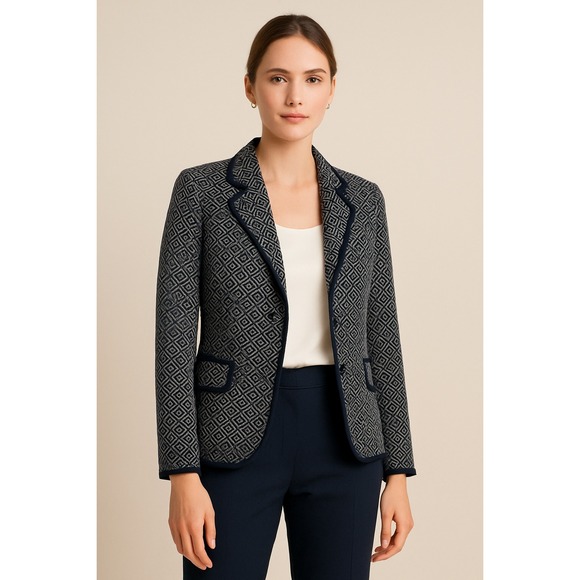 Pendleton Blazer Womens Large Navy White Geo Print Cotton Pockets Metal Button - Picture 1 of 1